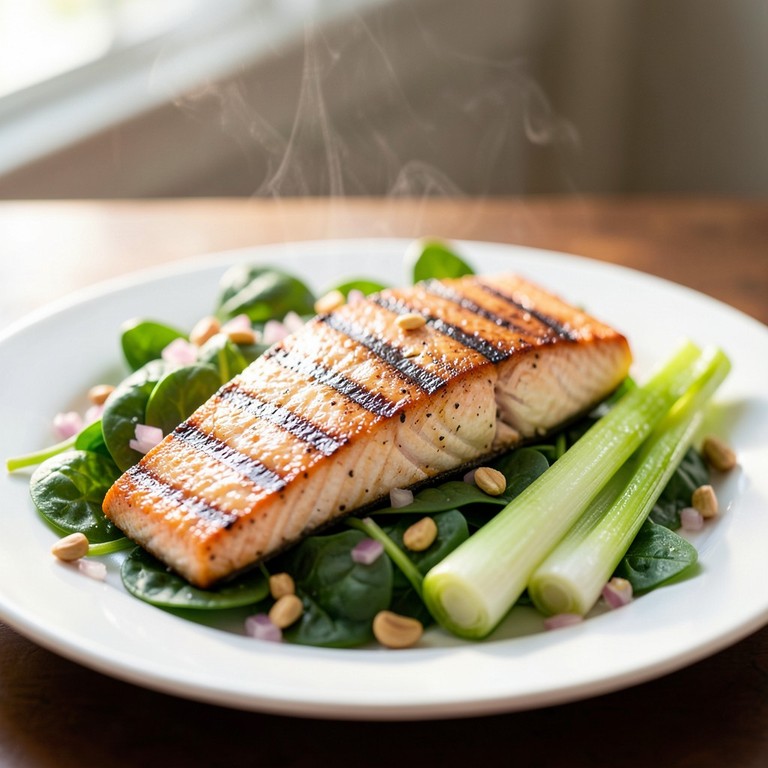 Gegrilltes Lachsfilet mit mariniertem Lauch und Spinatsalat
