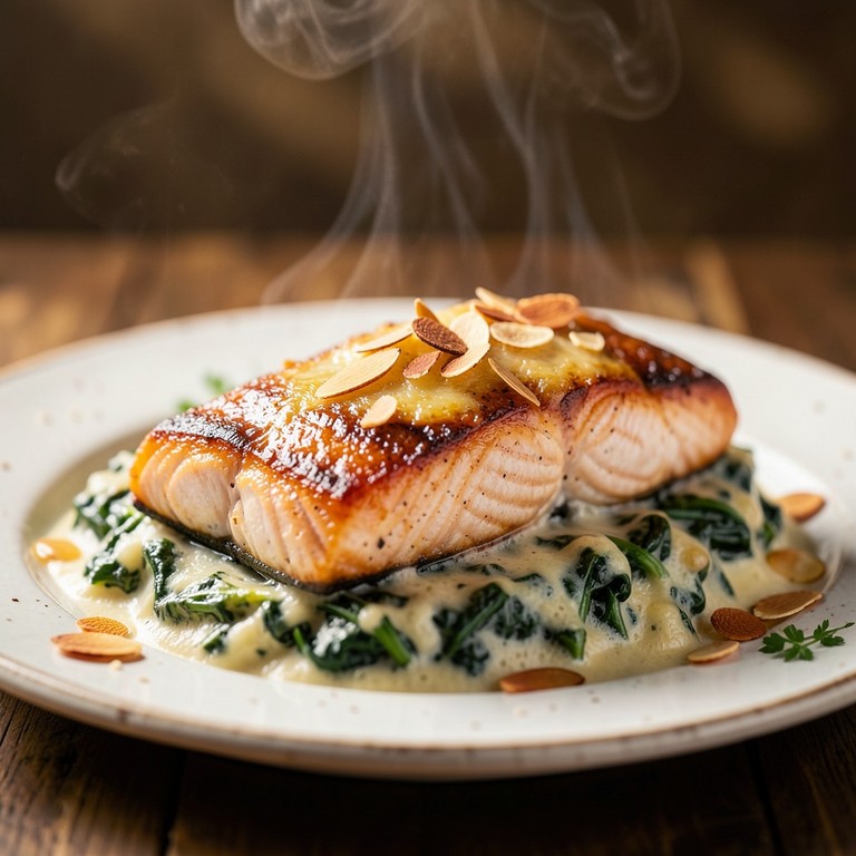 Gebratener Lachs mit Lauch-Spinat-Gratin und gerösteten Mandeln