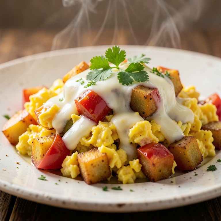 Revuelto de Plátano Verde con Tomate y Queso Fundido