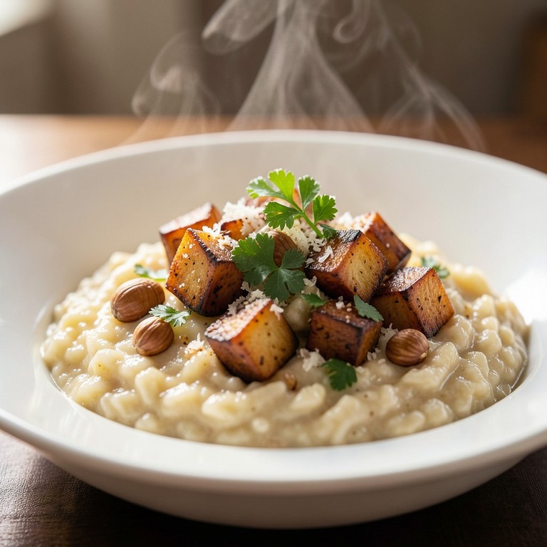 Risotto Crémeux au Céleri-Rave Rôti et Éclats de Noisettes Torréfiées