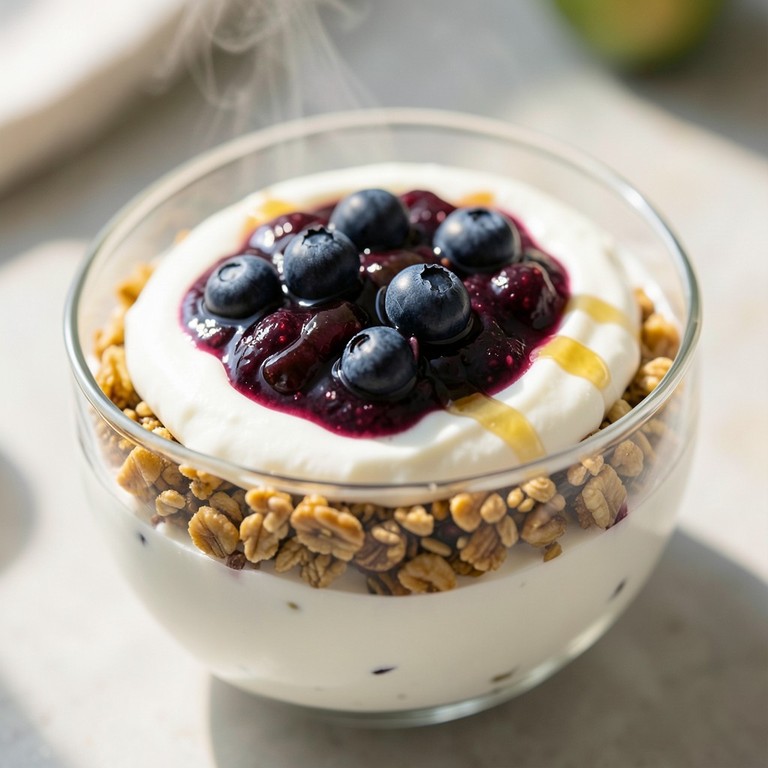 Yogur Griego con Compota Rápida de Arándanos y Granola Casera