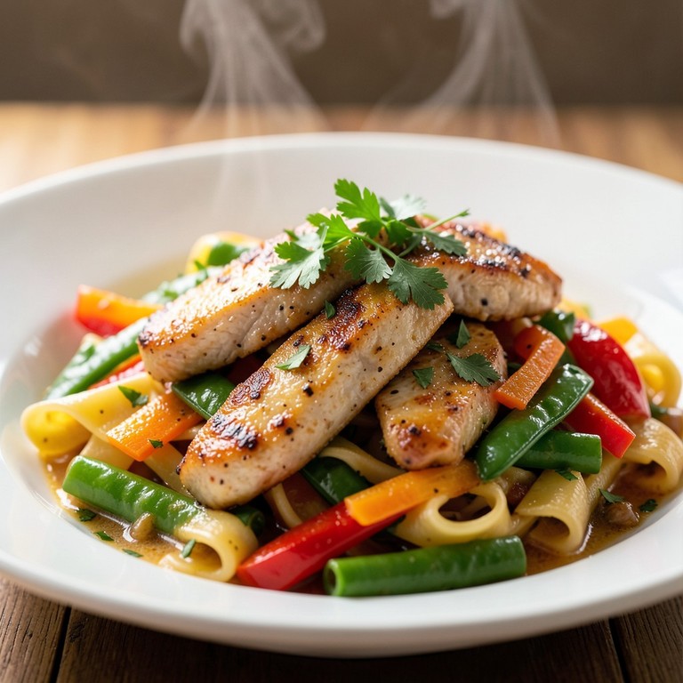 Bunte Gemüse-Nudeln mit Hähnchenstreifen