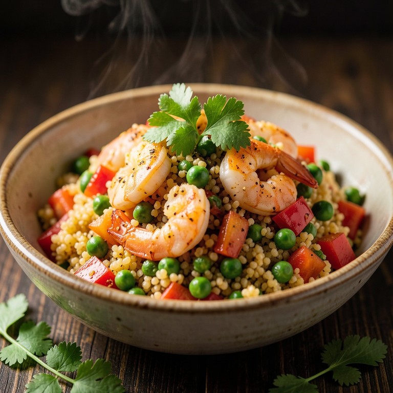 Poêlée Orientale de Semoule, Crevettes Marinées et Écrasé de Pois