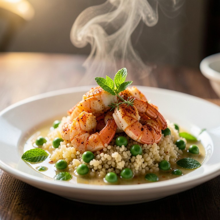 Crevettes Sautées aux Épices Douces sur Lit de Semoule et Petits Pois Mentholés avec Bouillon de Légumes