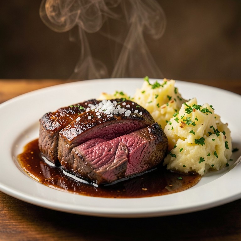 Filet Mignon Rôti, Écrasé de Pommes de Terre Persillade et Jus Court-Bouillon