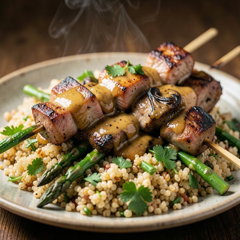 Brochetas de Cuy Marinadas en Salsa de Maní con Quinua y Espárragos