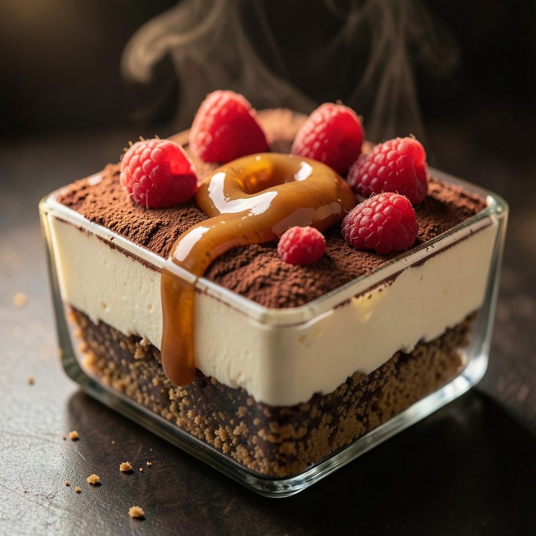 Tiramisú Crujiente de Caramelo Salado con Toque de Frambuesa