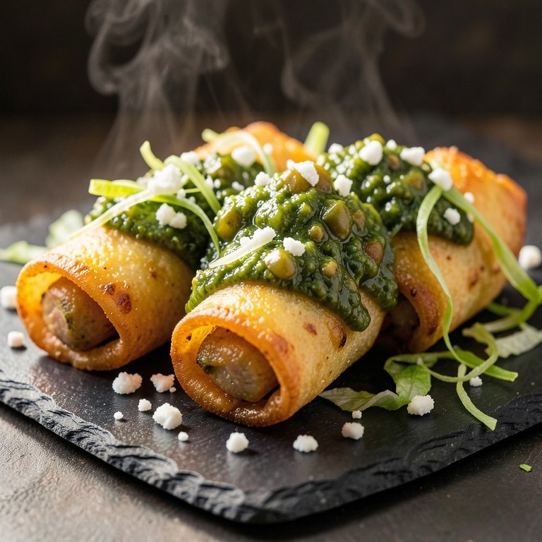 Tacos Dorados de Gusanos Blancos con Salsa Verde