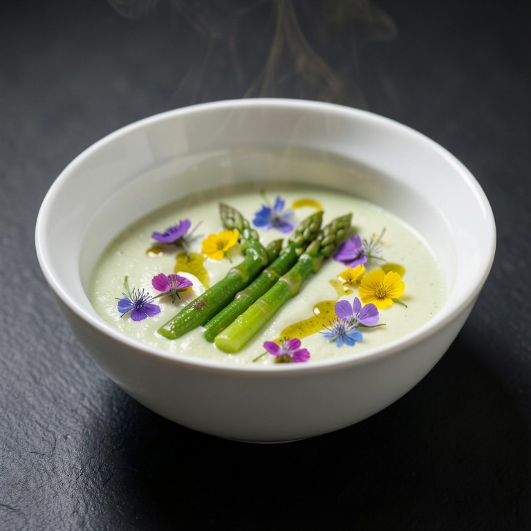 Crema de Gusano Blanco con Espárragos y Flores Comestibles