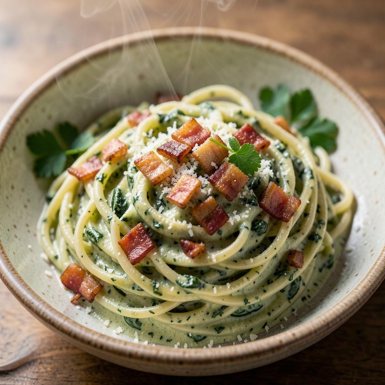 Spaghettis Crémeux aux Épinards Cachés et Lardons Croustillants
