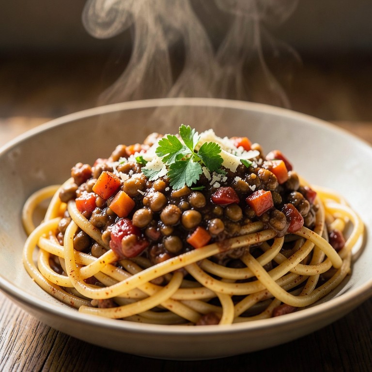 Rauchige Linsen-Bolognese mit Vollkornspaghetti