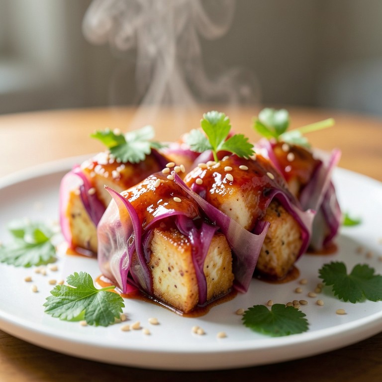 Spicy Gochujang Glazed Tofu with Savory Red Cabbage Wraps