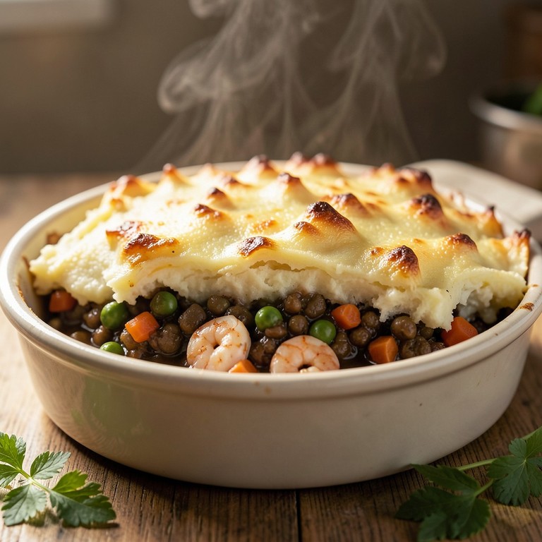 Lentil and Shrimp Shepherd's Pie with Creamy Potato Topping