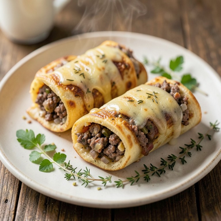 Schnelle Dinkel-Pfannkuchen-Röllchen mit Rinderhackfleisch