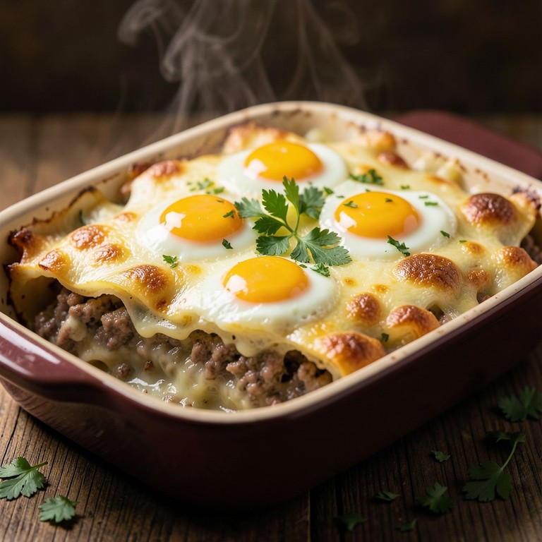 Herzhafter Kartoffel-Hackfleisch-Auflauf mit pochiertem Ei