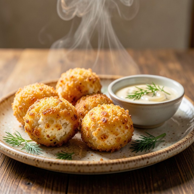 Knusprige Schafskäse-Bällchen mit Honig-Dill-Dip