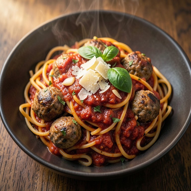 Espaguete Sem Glúten com Almôndegas Recheadas em Molho de Tomate San Marzano