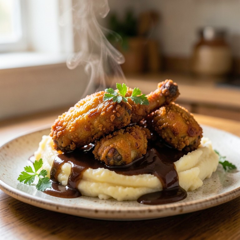 Classic Crispy Fried Chicken with Creamy Mashed Potatoes and Savory Gravy