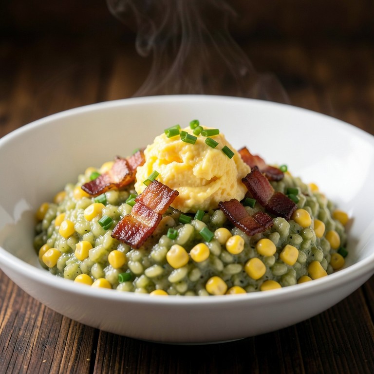 Risotto Crémeux aux Lentilles Vertes, Maïs Doux et Œufs Brouillés au Bacon