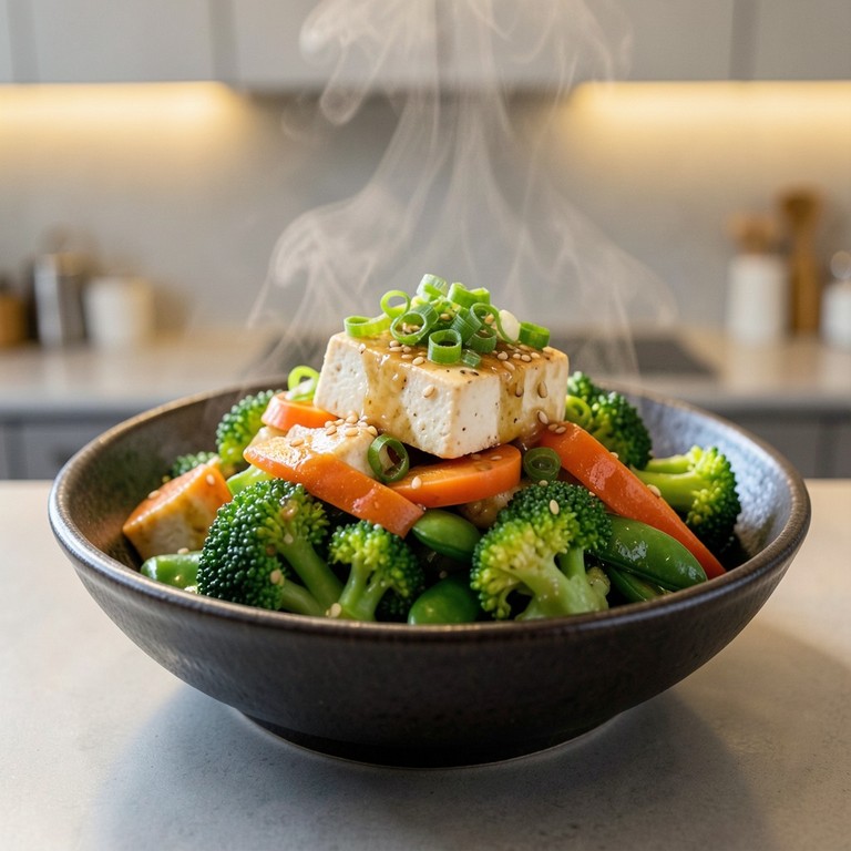 Asiatische Gemüsepfanne mit Tofu und Ingwer-Soja-Sauce