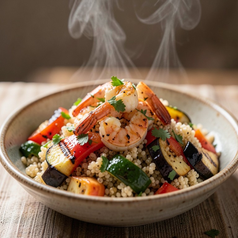 Salade Tiède de Quinoa aux Crevettes Sautées et Légumes Grillés