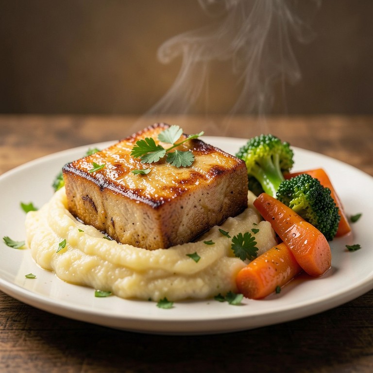 Geräucherter Tofu mit Cremigem Kartoffelstampf und Glasiertem Gemüse