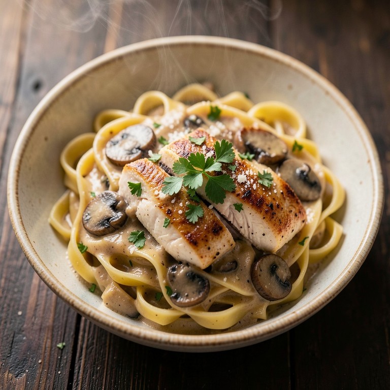 Tagliatelle mit gebratener Hähnchenbrust und Steinpilzrahmsoße