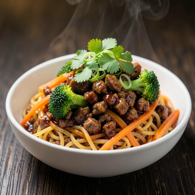 Asiatische Hackfleisch-Nudel-Bowl mit Ingwer-Chili-Sauce