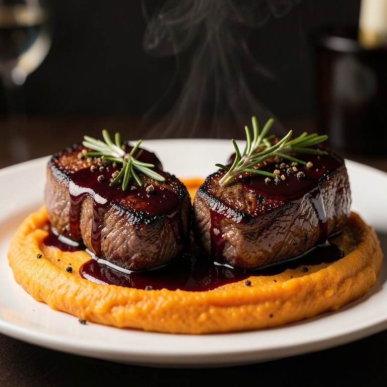 Medalhões de Filé Mignon ao Molho Rústico de Vinho Tinto com Purê de Batata Doce