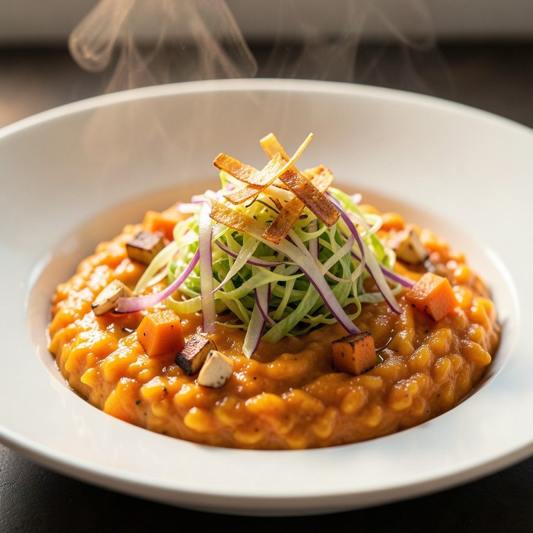 Risotto de Calabaza y Pepino con Crujiente de Col y Ajo Tostado