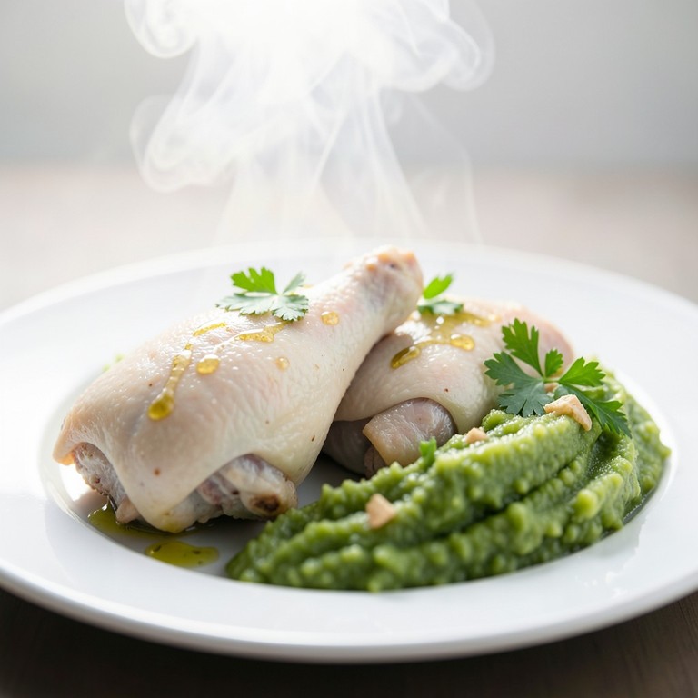 Cuisses de poulet à la vapeur, purée de céleri et gingembre