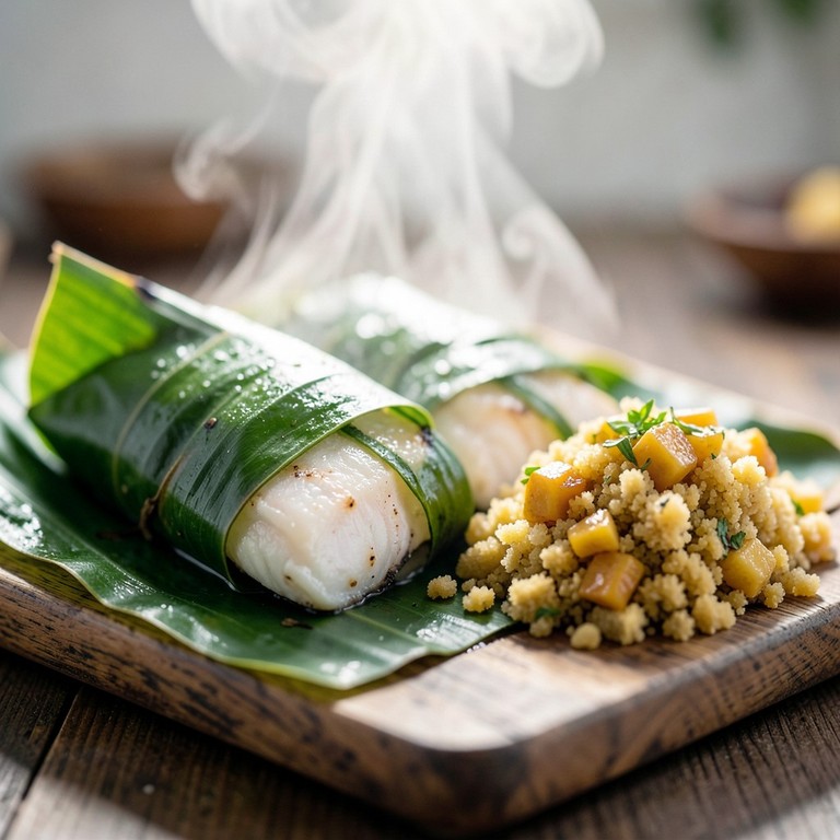 Peixe Assado na Folha de Bananeira com Farofa Crocante de Banana