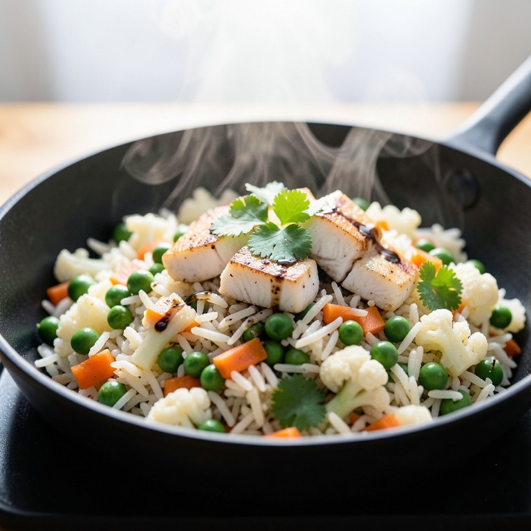 Reispfanne mit Seelachs und Kaisergemüse