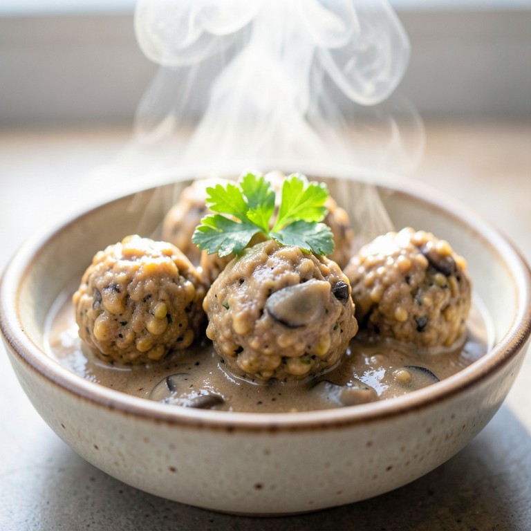 Albóndigas Veganas de Soja Texturizada con Salsa Cremosa de Champiñones y Mostaza