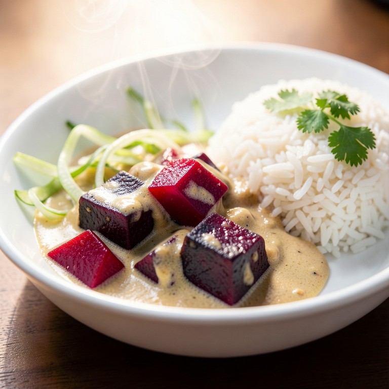 Curry de Betteraves, Tofu Fumé et Chou au Lait de Coco
