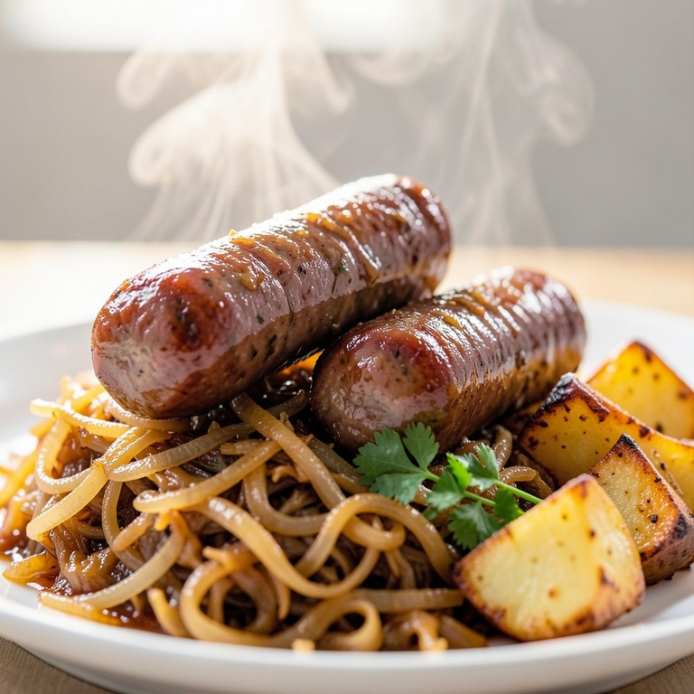 Classic Bratwurst with Tangy Sauerkraut and Roasted Potatoes