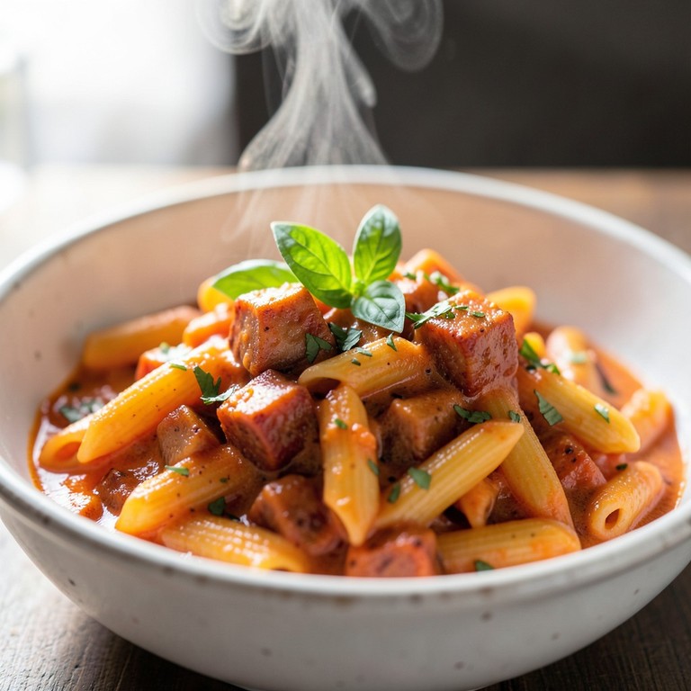 Cremige Tomaten-Fleischwurst-Pasta mit Basilikum