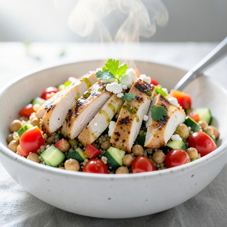 Ensalada Mediterránea de Garbanzos, Pollo a la Plancha y Quinoa Almuerzo (834 kcal)