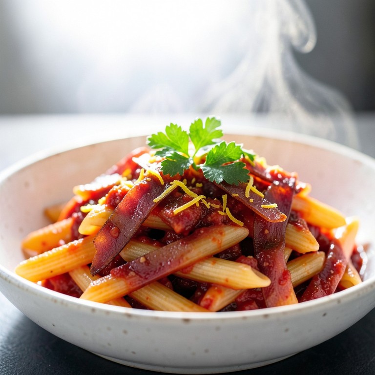 Penne all'Arrabbiata mit knusprigem Rohschinken und Zitrone