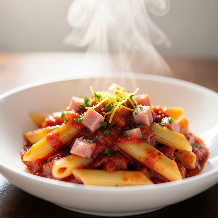 Penne all'Arrabbiata mit Kochschinken und Zitrone