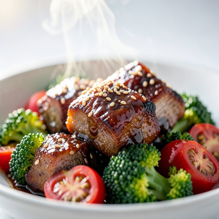 One-Pot Soy-Glazed Pork Belly with Broccoli and Cherry Tomatoes