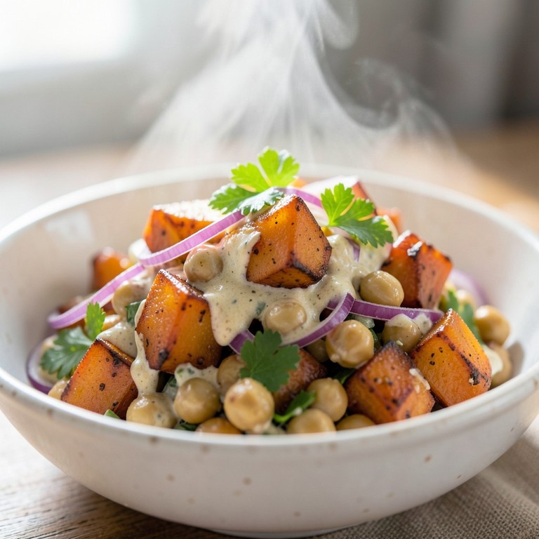Salada Morna de Batata Doce com Grão de Bico e Ervas Frescas