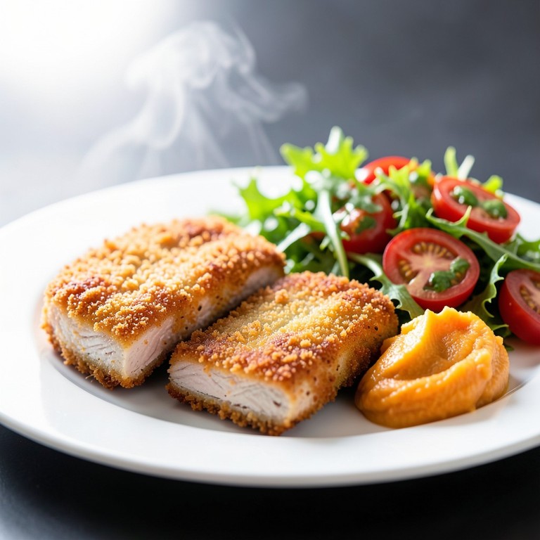 Escalopes de Filé Suíno à Milanesa com Purê de Batata Doce