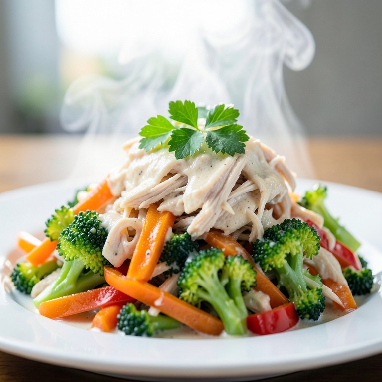 Frango Desfiado Cremoso com Legumes Salteados