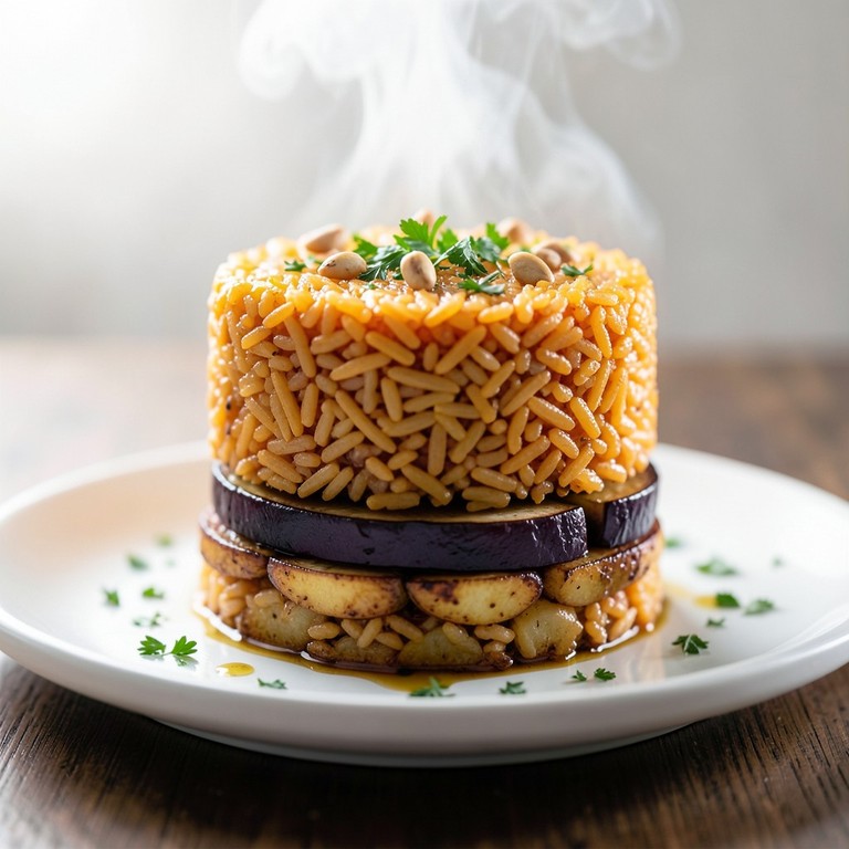 Maqluba Vegetariano de Berenjenas y Papas (Invertido)