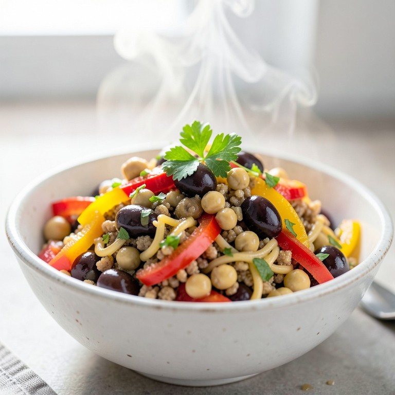 Vollkorn-Nudelsalat mit Kichererbsen und mediterranem Gemüse