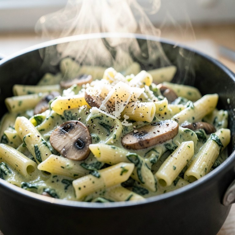 One-Pot Pasta mit Rahmspinat und Pilzen