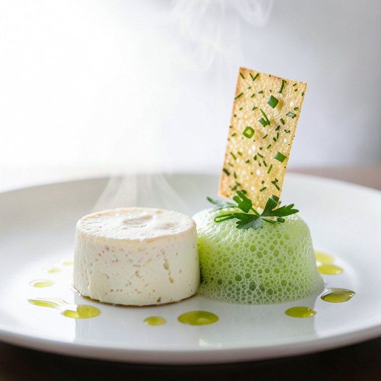 Sphère de Bûche de Chèvre Cendrée, Écume de Verveine et Tuile Croustillante aux Herbes