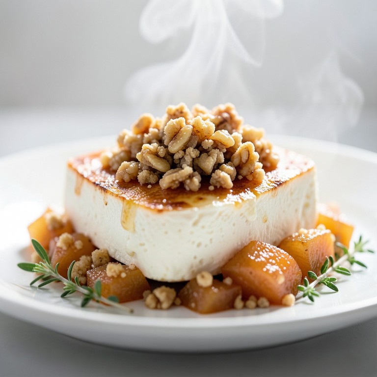 Croustillant de Tomme de Chèvre Chaud sur Lit de Poire Caramélisée et Crumble aux Noix