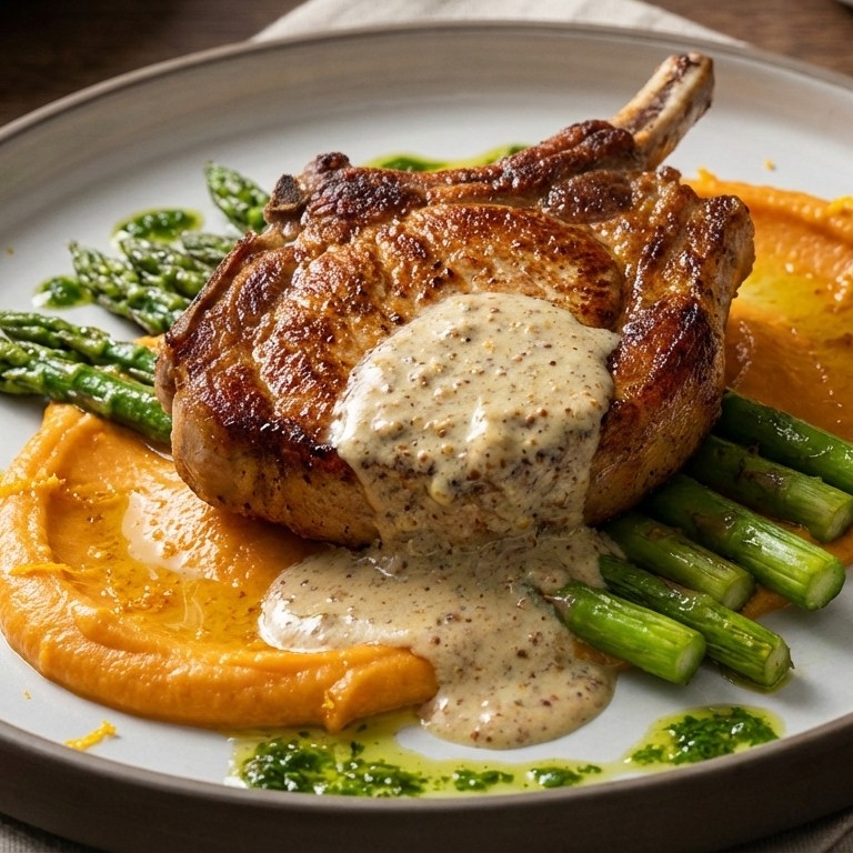Chuletas de Cerdo con Puré de Camote Asado y Velouté de Mostaza al Vino Blanco
